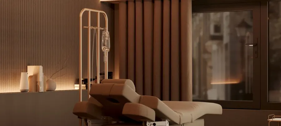 IV treatment room with a recliner and a drip stand